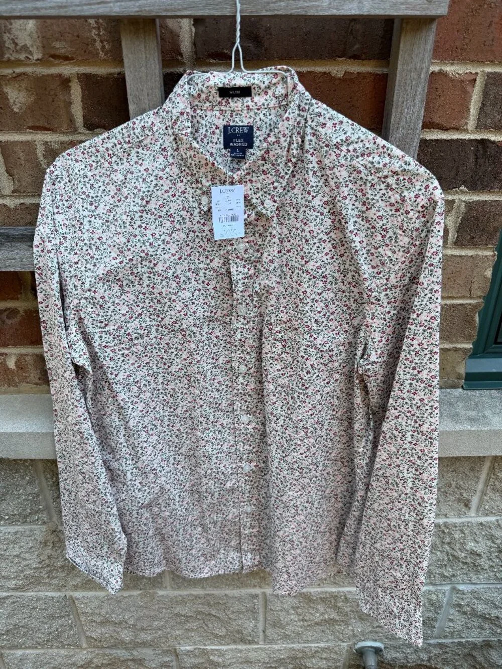 NWT J Crew Floral Dress Shirt Casual Shirt Red Pink Green on White Mens Large